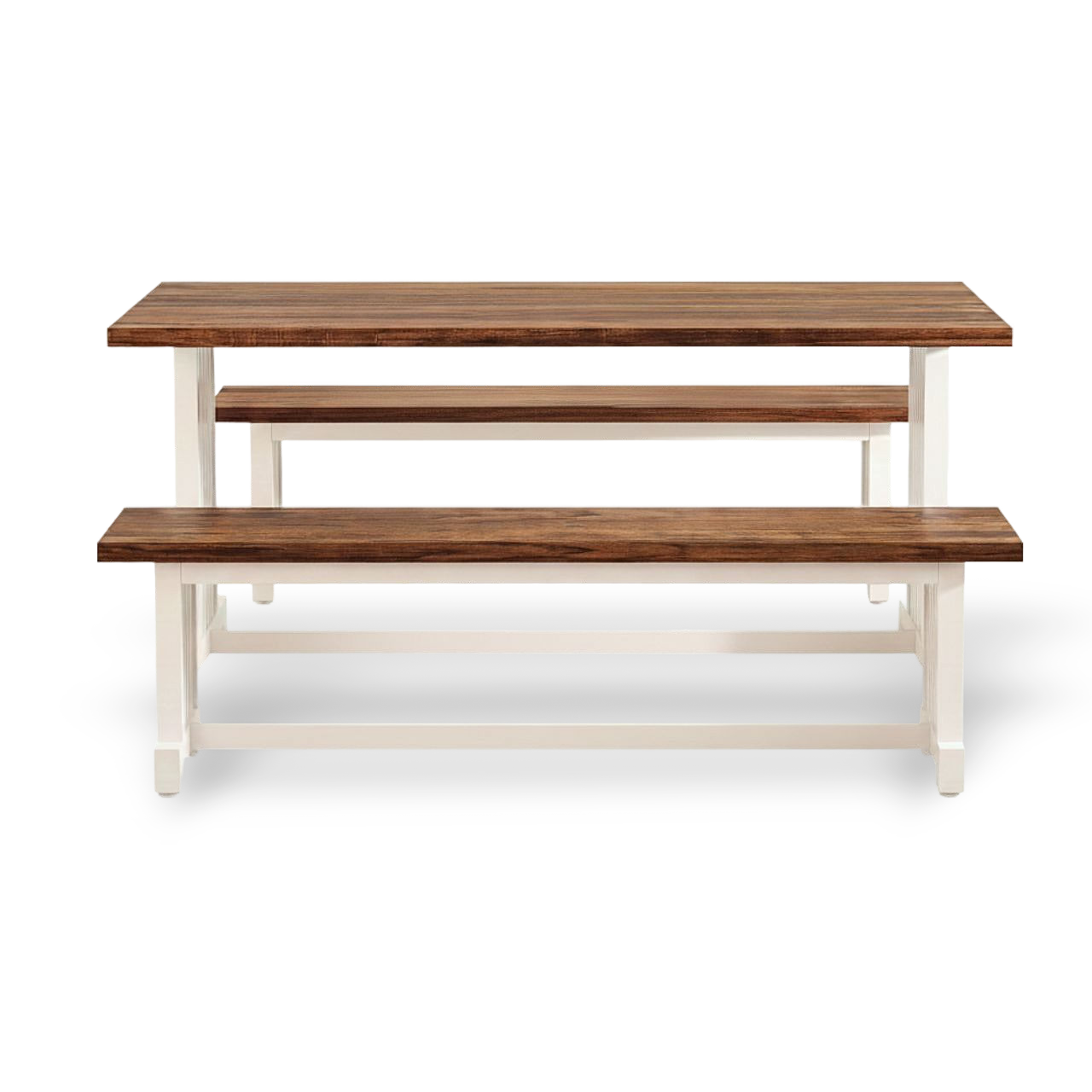 47-inch dining table set with two benches, white base and brown wood tops, farmhouse style.
