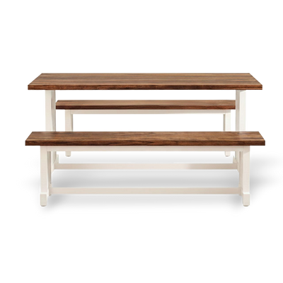 47-inch dining table set with two benches, white base and brown wood tops, farmhouse style.