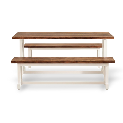 47-inch dining table with two wood-top benches, white and brown finish