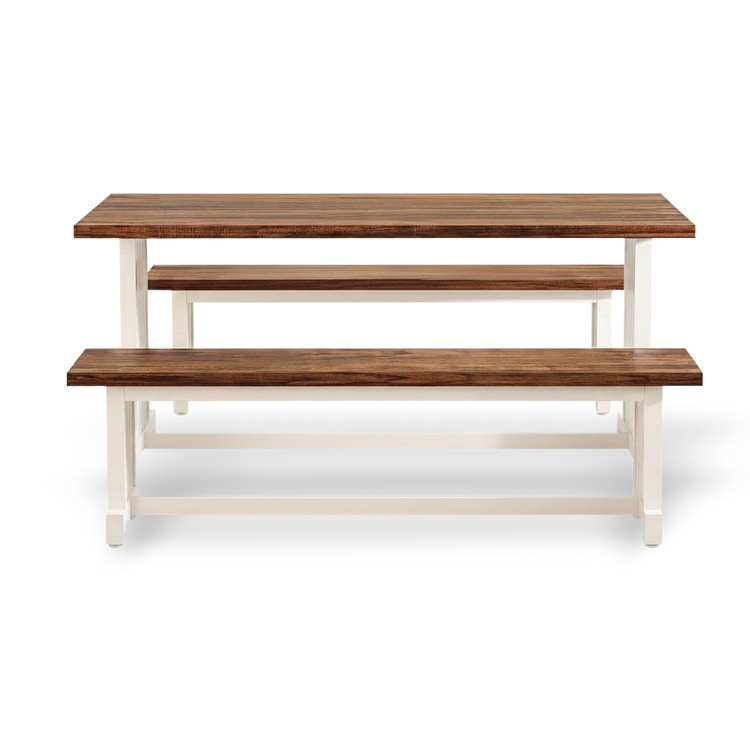 47-inch dining table set with two benches, white base and brown wood tops, farmhouse style.