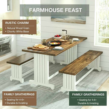 47-inch white bench dining set with two benches, rustic wood top, farmhouse charm for four (feature callout)