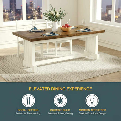 47-inch white bench table set with dark wood top, farmhouse dining for four in a bright dining room (feature callout)