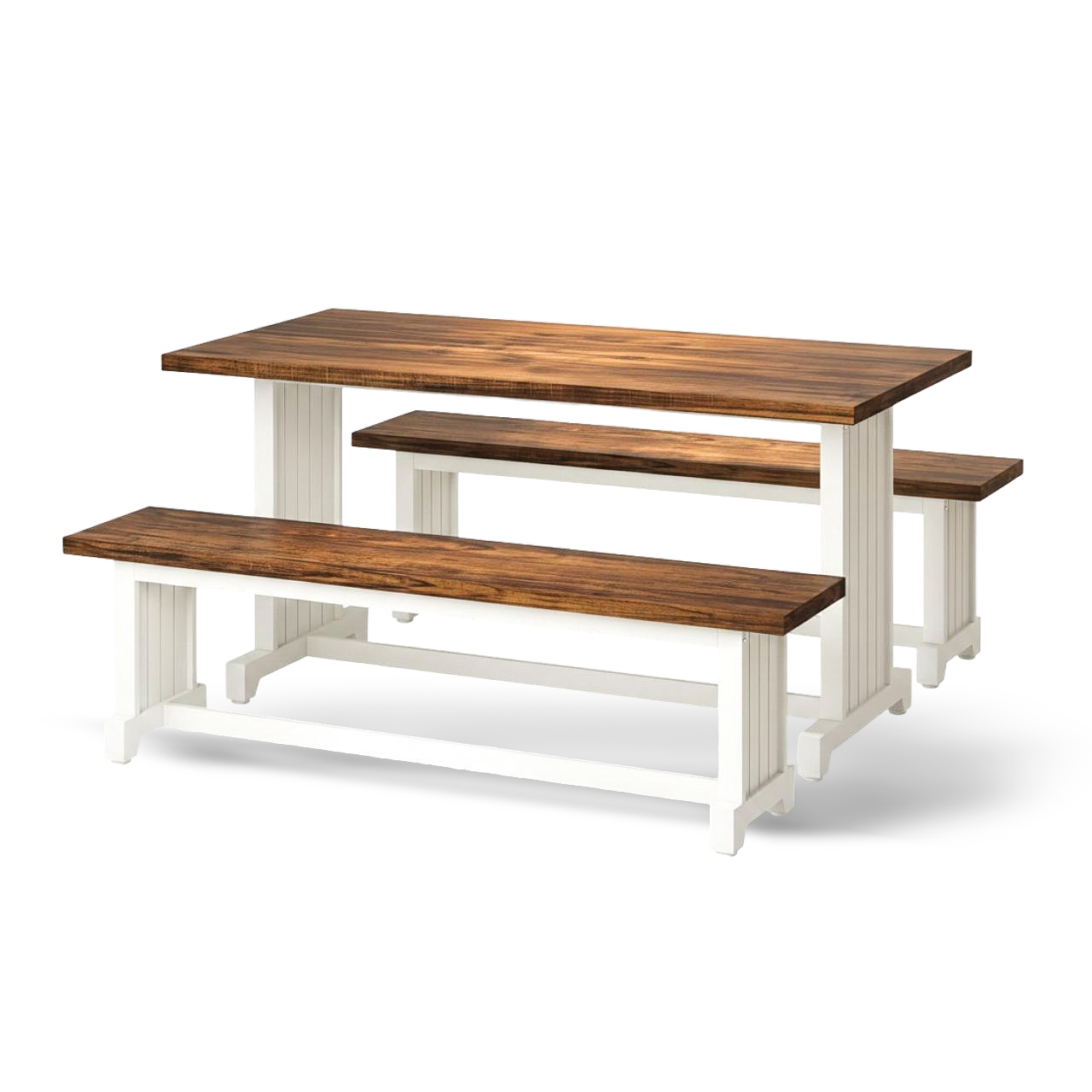 47-inch white farmhouse dining table with two brown-top benches for four.