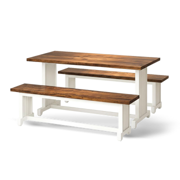 47-inch dining table set with two benches, white base and brown wood tops, farmhouse style.