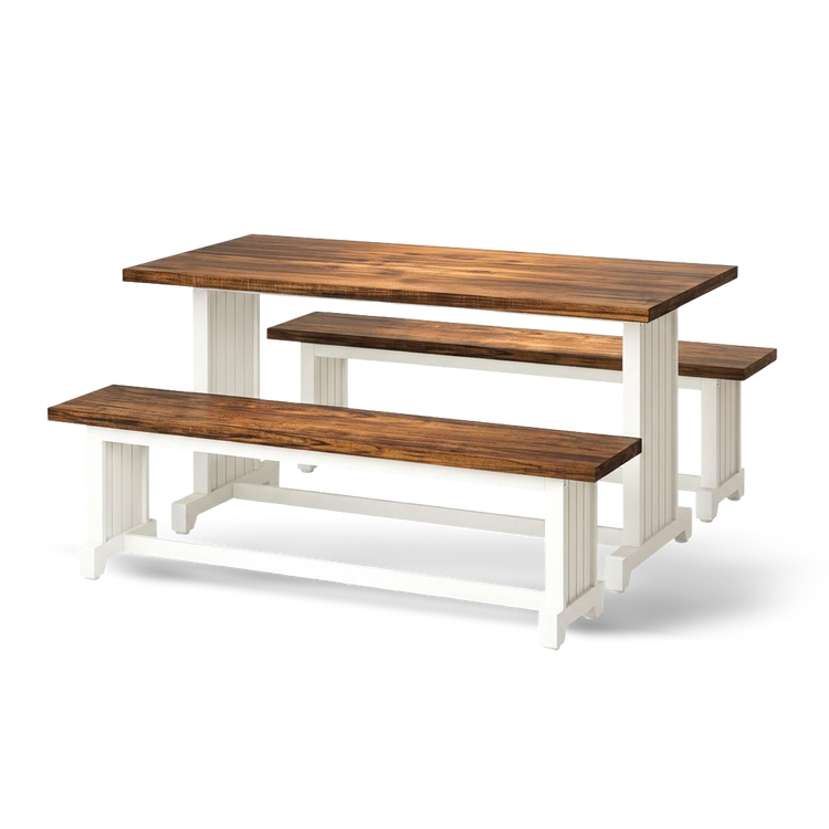 47-inch white farmhouse dining table with two brown-top benches for four.