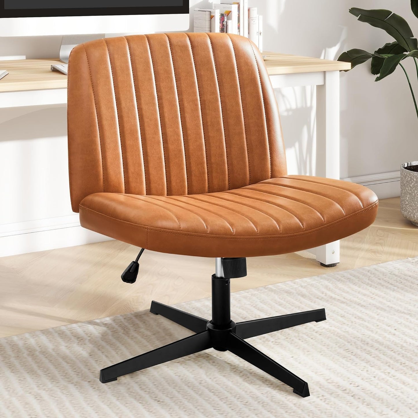 Criss Cross Chair, Cross Legged Office Chair, Wide Comfty Desk Chair, No Wheels Armless Computer Task Chair, Swivel Fabric Vanity Home Chair, Height Adjustable