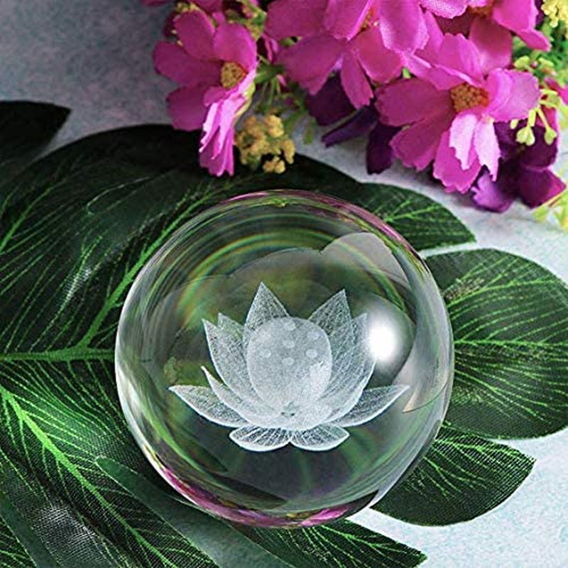 Crystal 2.4 Inch (60Mm) Carving Lotus Crystal Ball with Sliver-Plated Flowering Stand,Fengshui Glass Ball Home Decoration