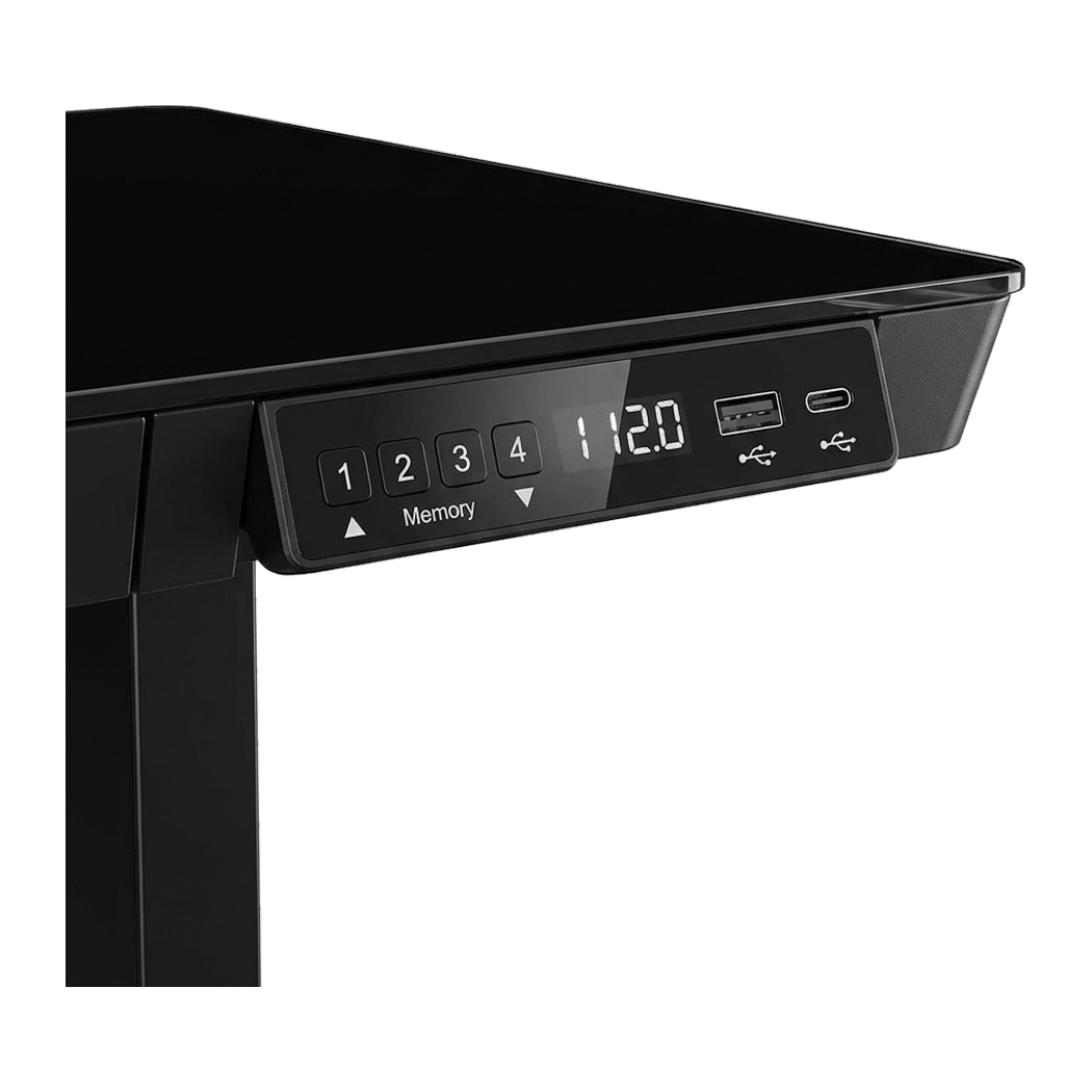 48 inch glass electric standing desk, transparent close-up of the control panel