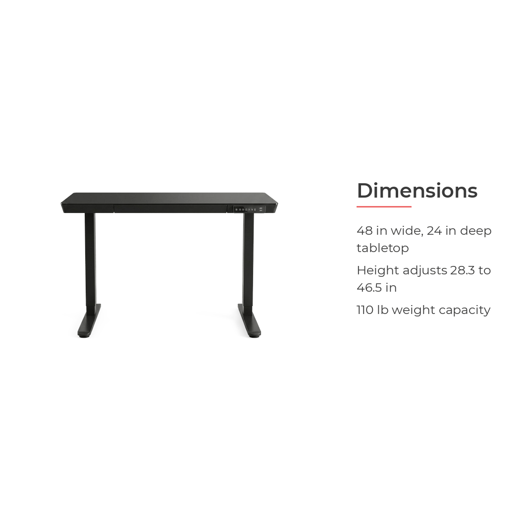 48 inch glass electric standing desk dimensions, 48 by 24 inch top, 28.3 to 46.5 inch height range, 110 pound capacity