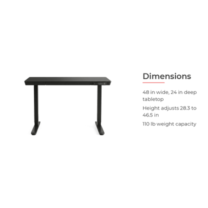 48 inch glass electric standing desk dimensions, 48 by 24 inch top, 28.3 to 46.5 inch height range, 110 pound capacity