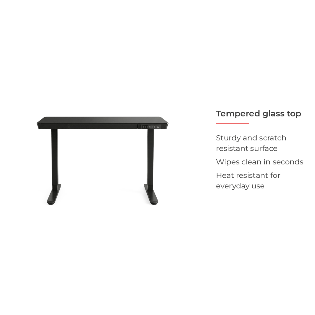 48 inch glass electric standing desk, tempered glass top detail
