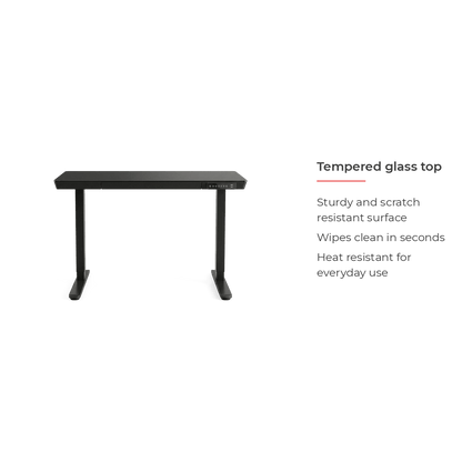 48 inch glass electric standing desk, tempered glass top detail