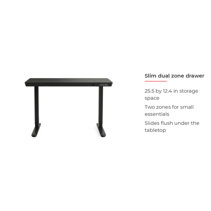 48 inch glass electric standing desk, slim dual zone drawer detail