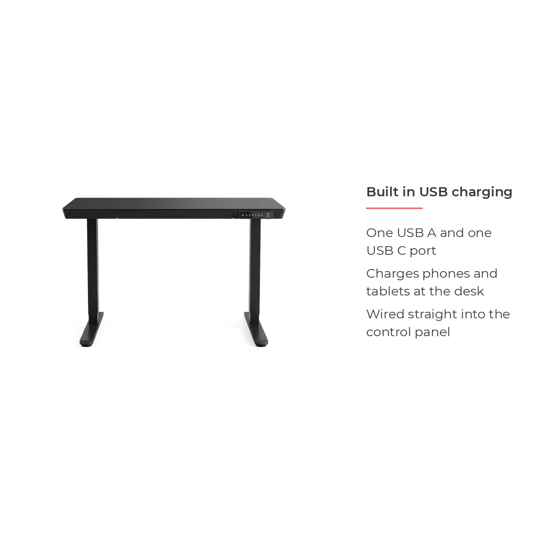 48 inch glass electric standing desk, built in USB charging detail