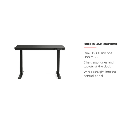 48 inch glass electric standing desk, built in USB charging detail