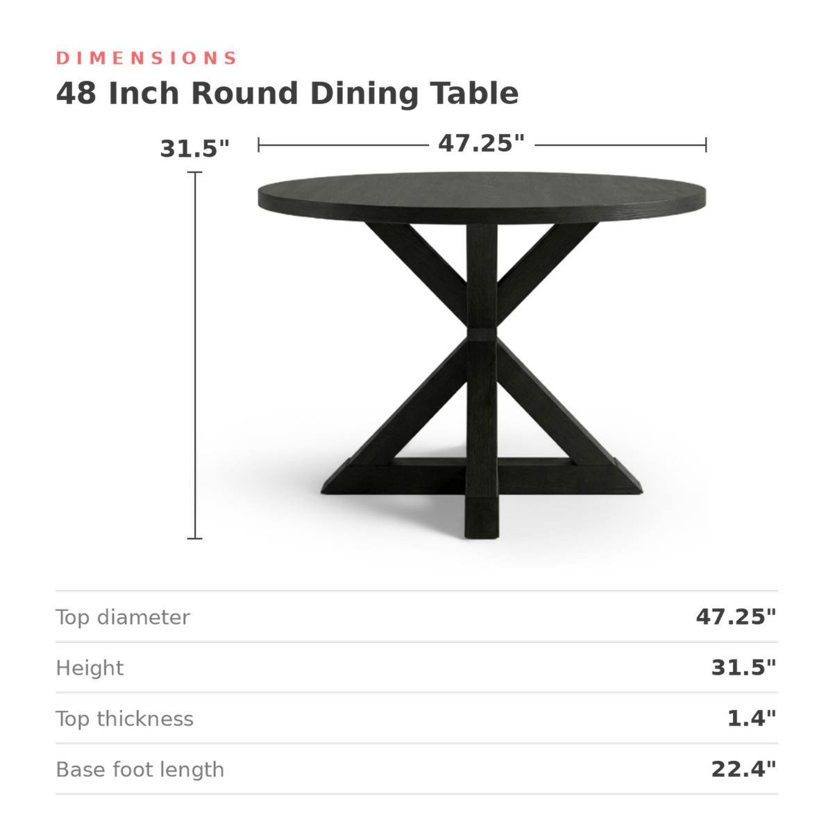 Dimensions of the round dining table: 47.25 in. across, 31.5 in. high, 1.4 in. top (dimensions)
