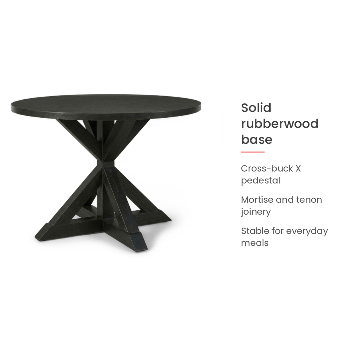 Spec card on the solid rubberwood cross-buck base (feature callout)