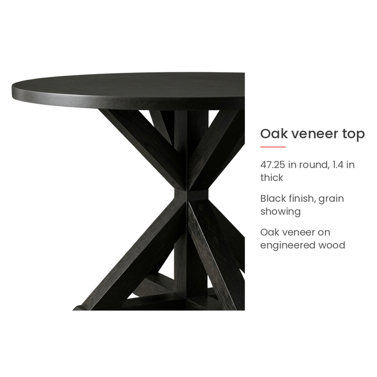 Spec card on the black oak veneer top (feature callout)