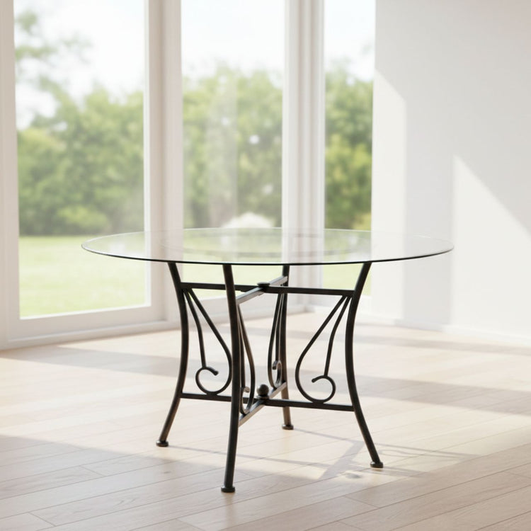 48-inch round 8mm tempered glass dining table with black powder-coated metal pedestal base.