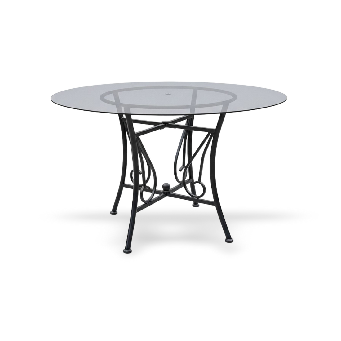 48-inch round glass dining table with a clear 8mm tempered top and a black powder-coated metal pedestal base.