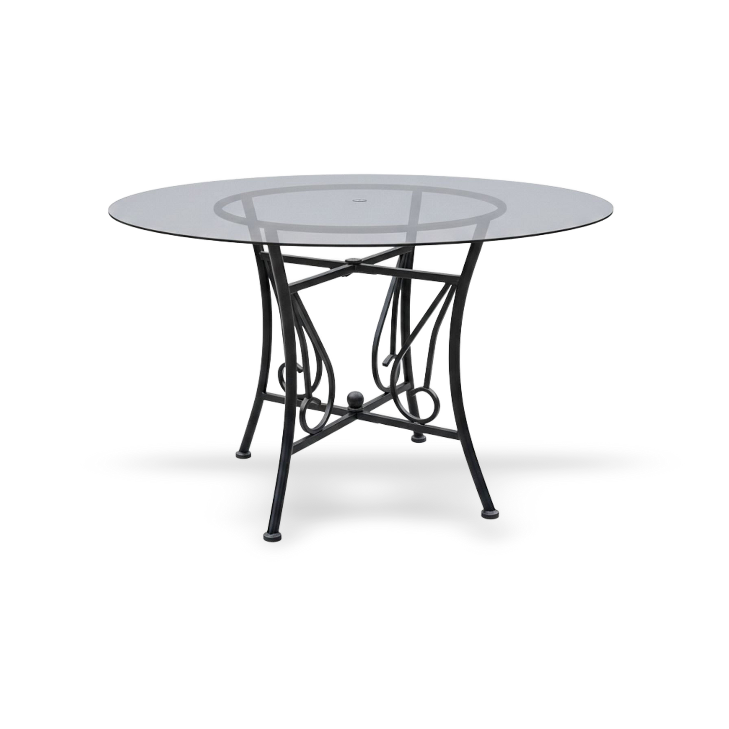48-inch round glass dining table with a clear 8mm tempered top and a black powder-coated metal pedestal base.
