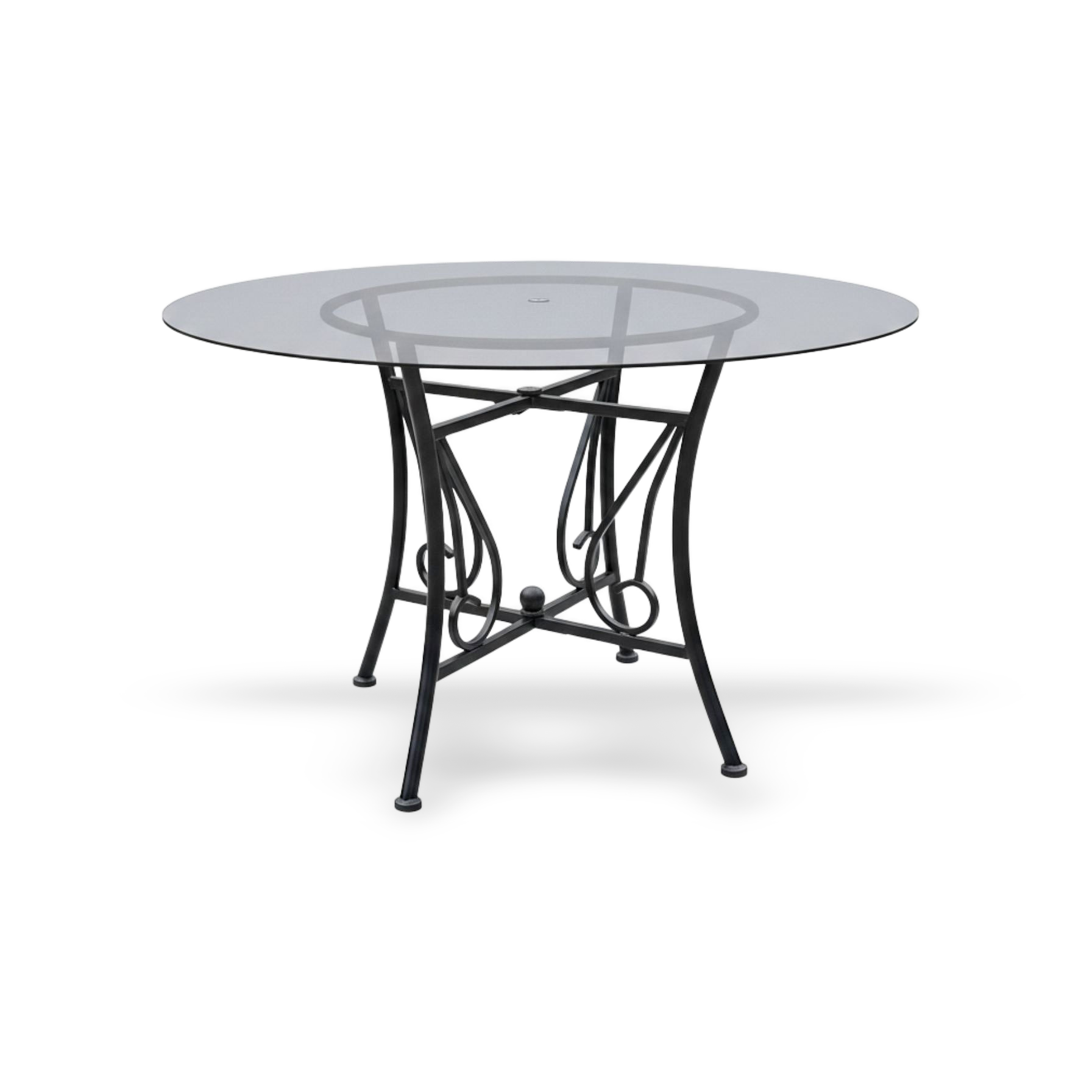 48-inch round glass dining table with a clear 8mm tempered top and a black powder-coated metal pedestal base.