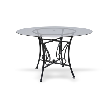 48-inch round glass dining table with a black powder-coated metal pedestal base and 8mm tempered top.