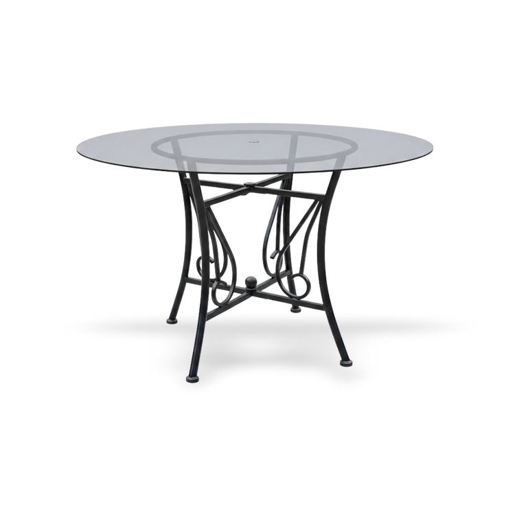 48-inch round glass dining table with a clear 8mm tempered top and a black powder-coated metal pedestal base.