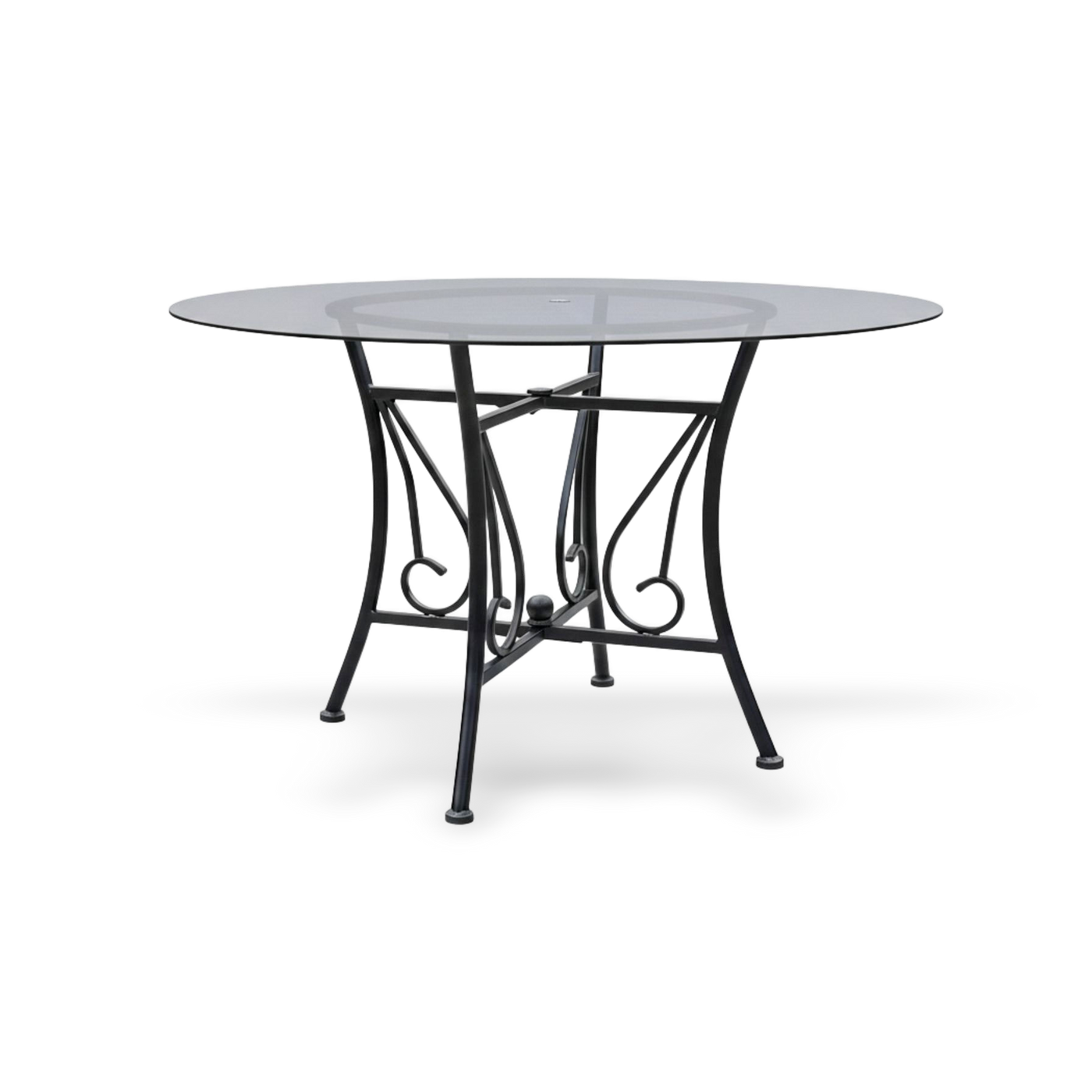 48-inch round glass dining table with a black powder-coated metal pedestal base and 8mm tempered top.