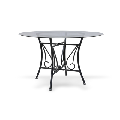 48-inch round glass dining table with a black powder-coated metal pedestal base and 8mm tempered top.
