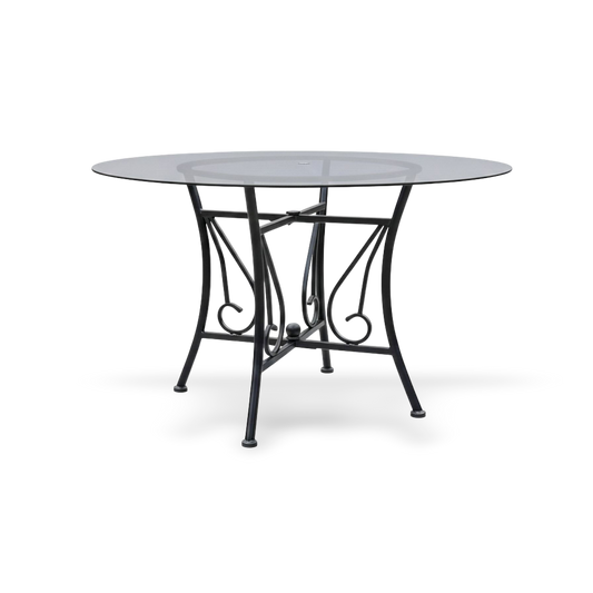 48-inch round glass dining table with a black powder-coated metal pedestal base and 8mm tempered top.