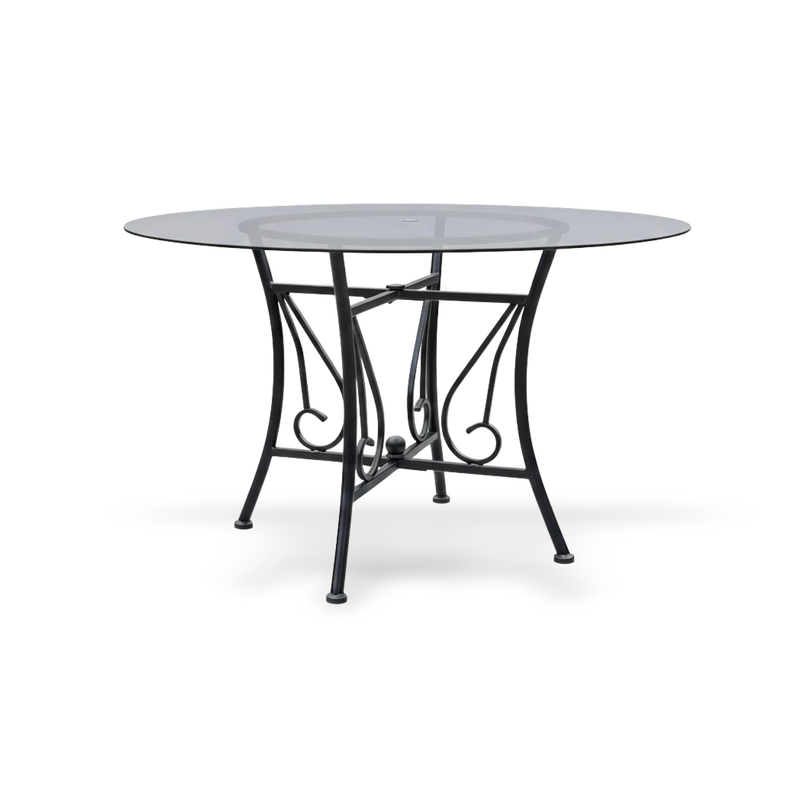 48-inch round glass dining table with a black powder-coated metal pedestal base and 8mm tempered top.