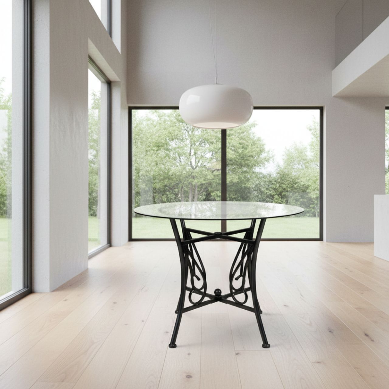 48-inch round glass dining table with an 8mm tempered top and a black powder-coated pedestal metal base.