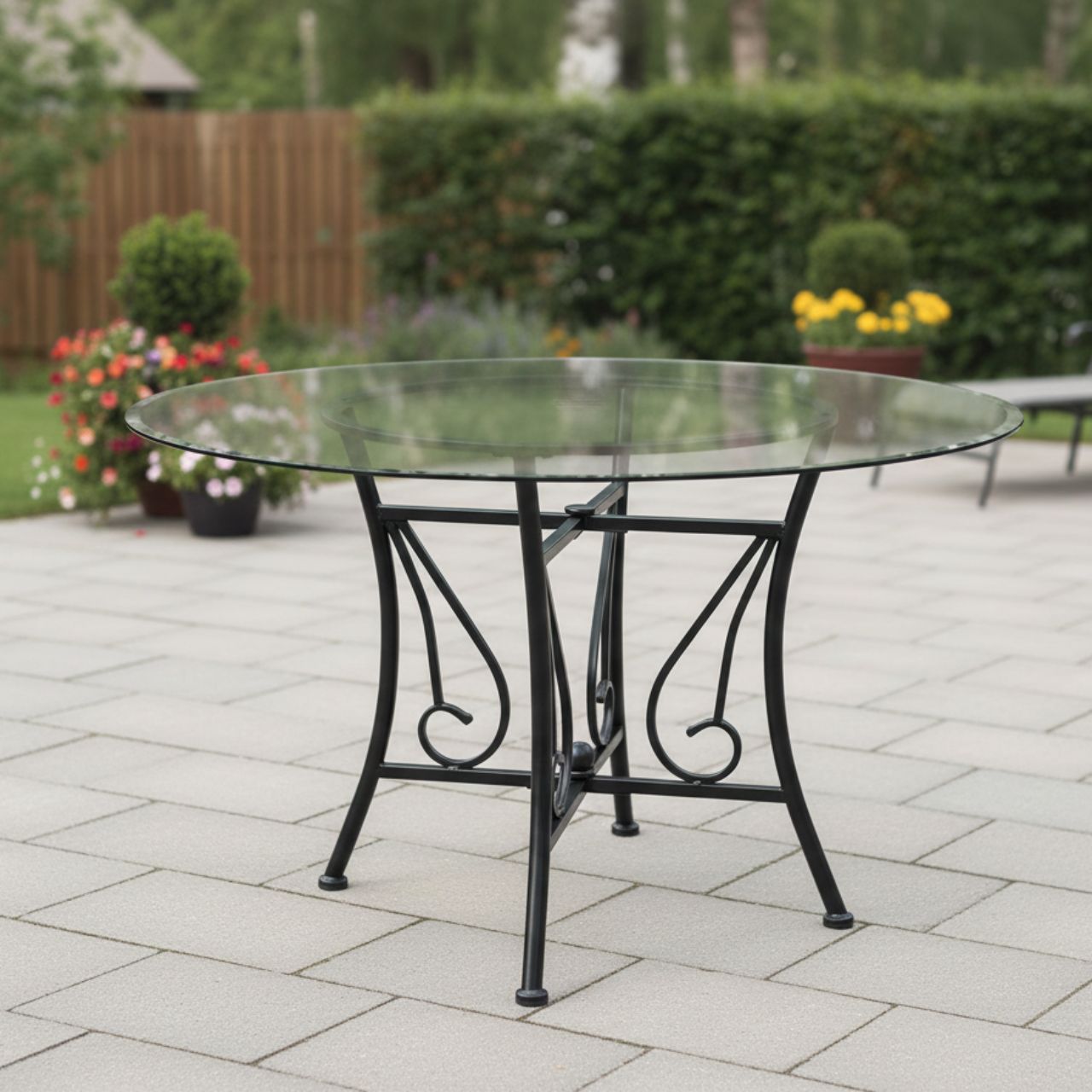 48-inch round glass dining table with black metal pedestal base on a paved outdoor patio.
