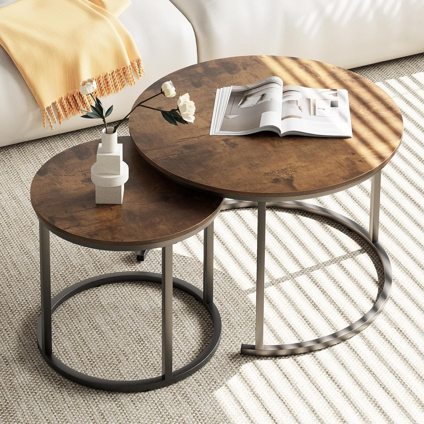 Coffee Table Nesting Side round Set of 2 End Table Top Sturdy Metal Frame Desk Centerpiece Living Room Bedroom Apartment Modern Industrial Simple Nightstand