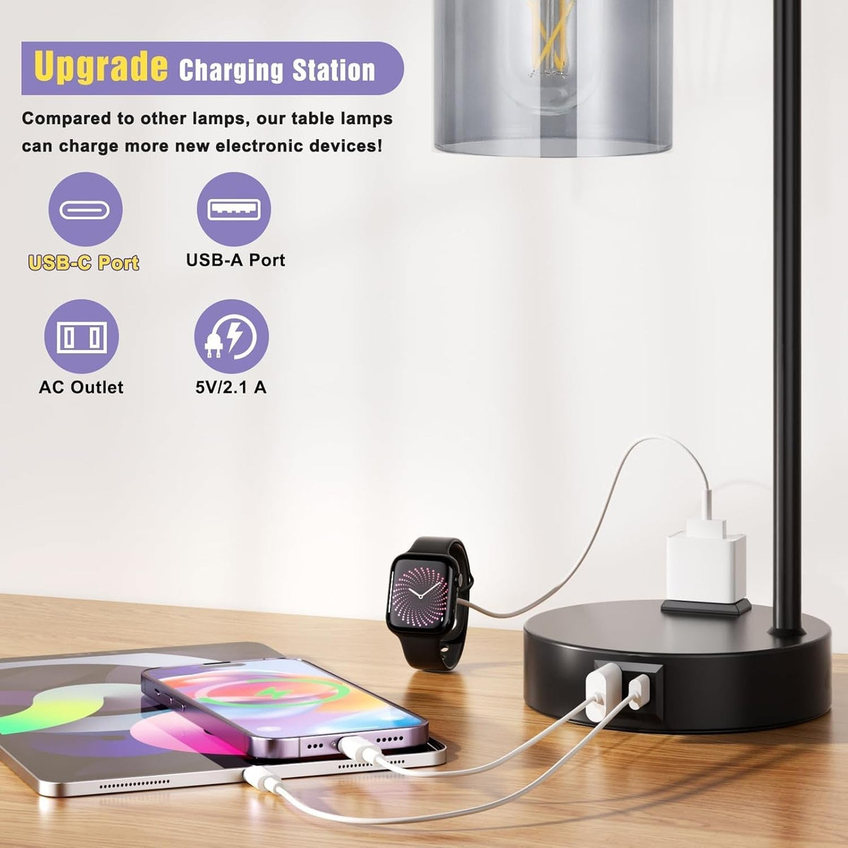Gray Glass Table Lamps Set of 2 With USB, 3-Way Dimmable
