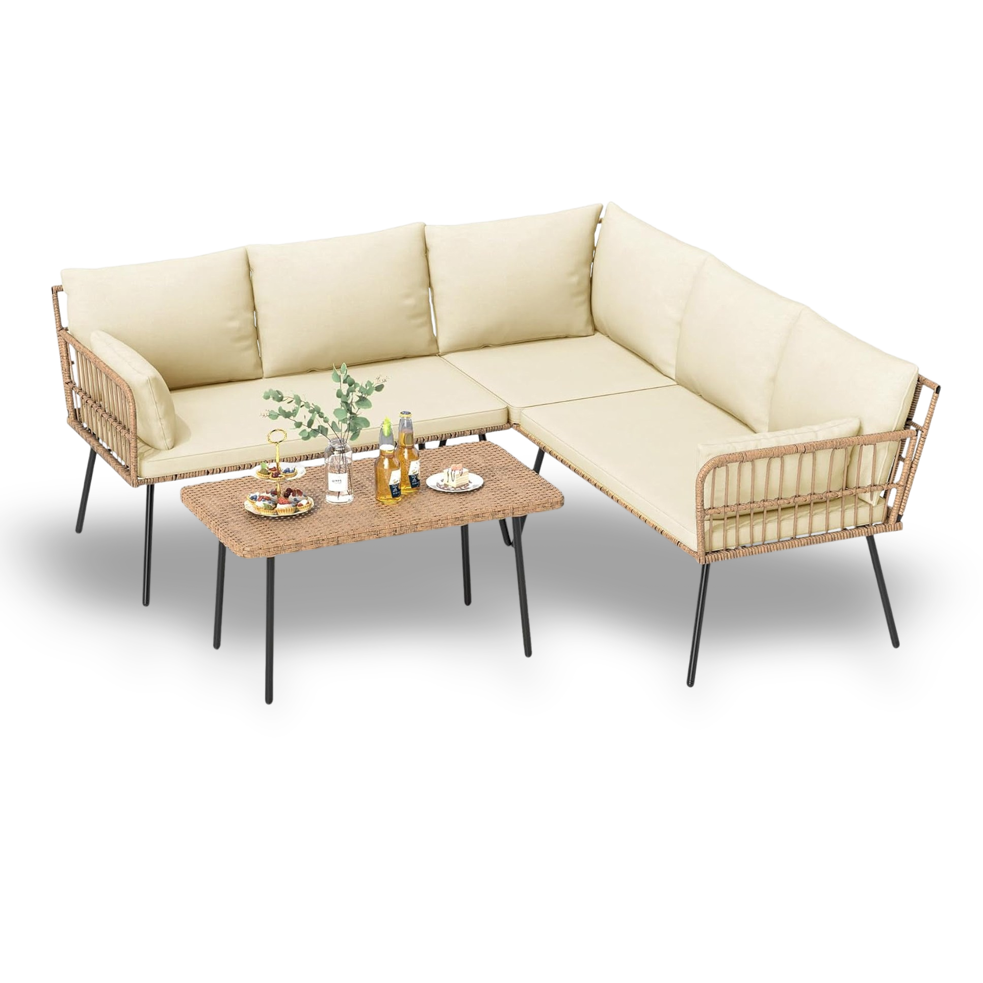 Beige sectional sofa with wicker armrests and a matching coffee table on a white background