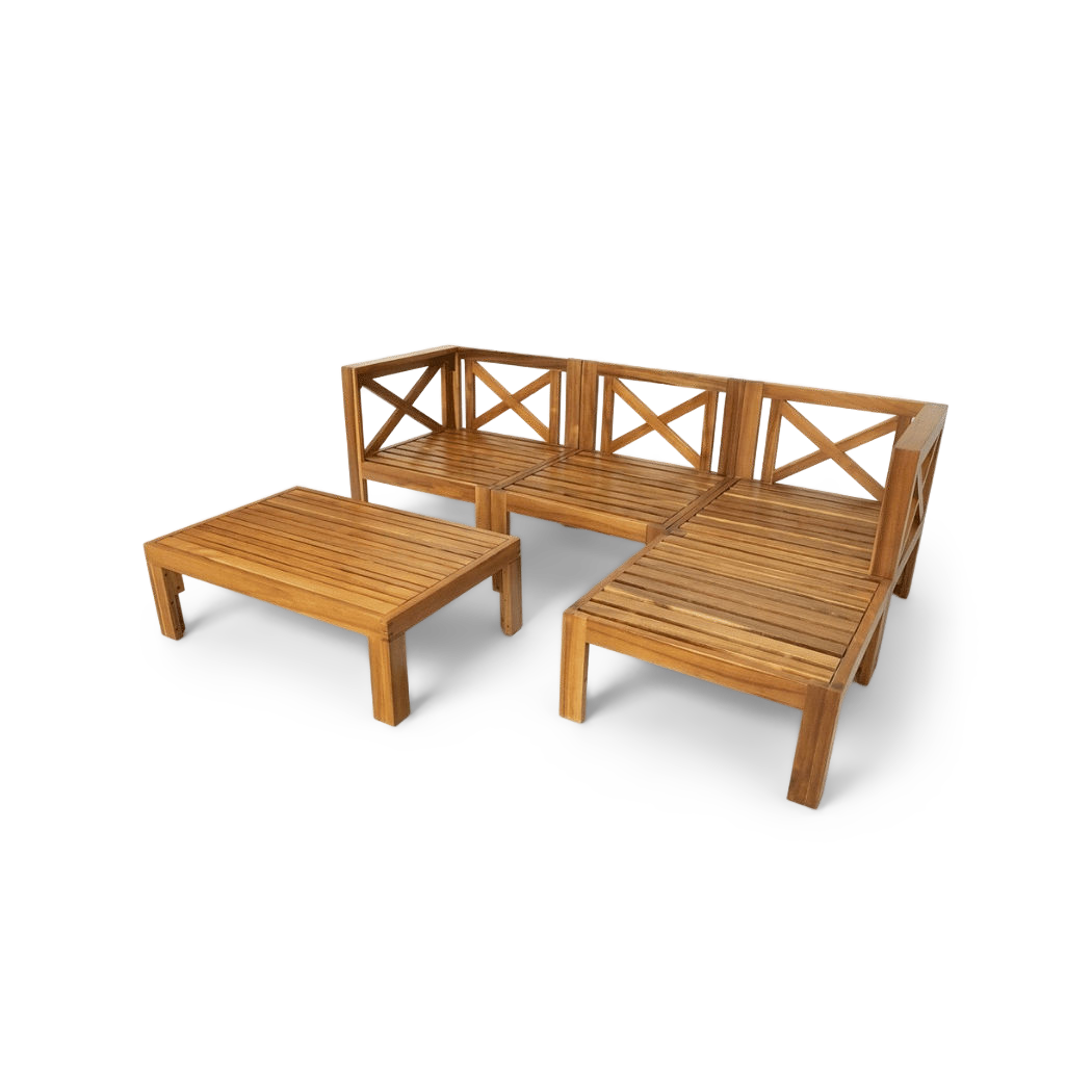 bare acacia wood frame showing X-back joinery, no cushions