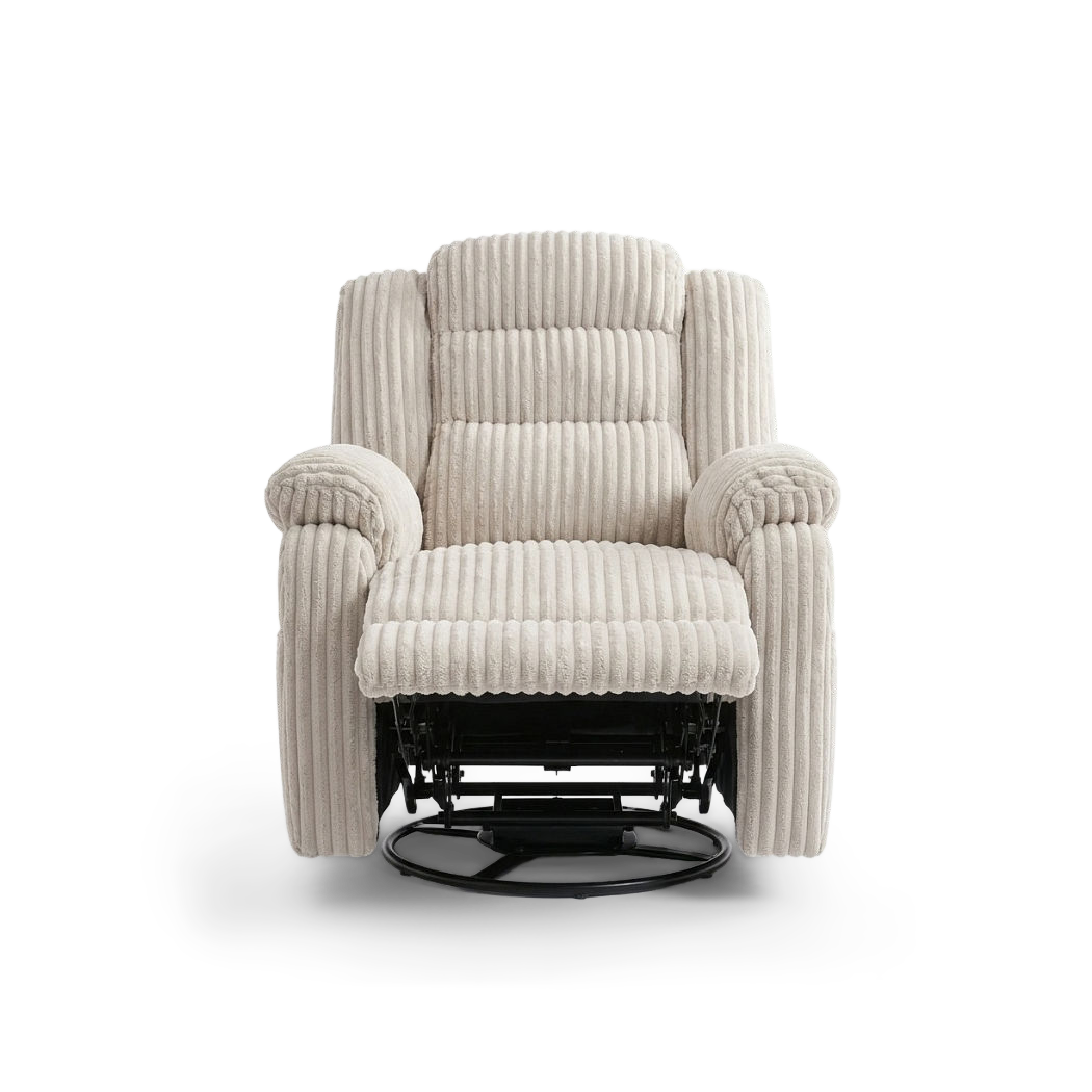 Corduroy recliner front view with the footrest extended above the black swivel base (plain studio)