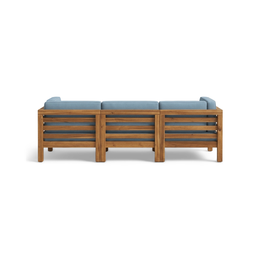 Back of the three-seat acacia sectional showing the open slat panels