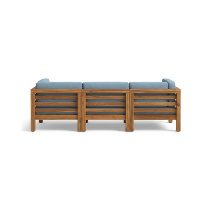 Back of the three-seat acacia sectional showing the open slat panels
