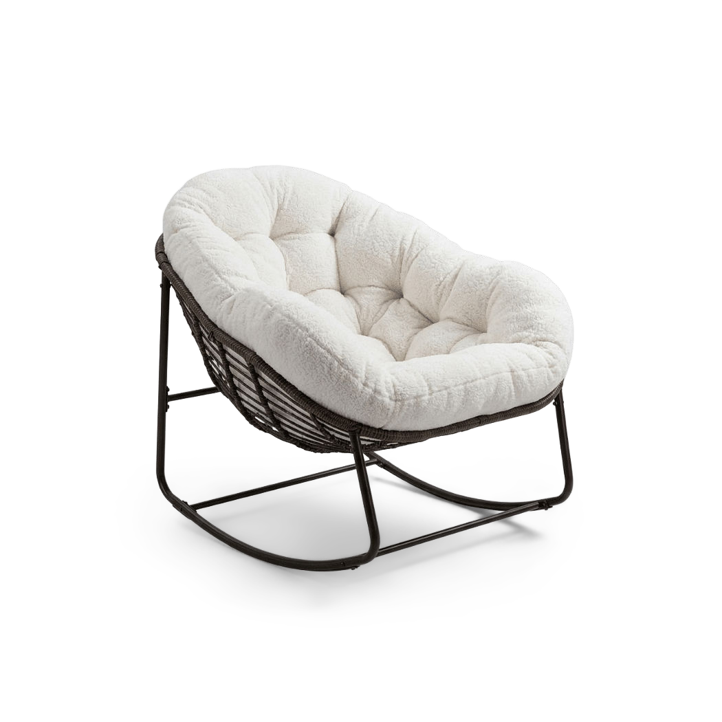 White boucle padded cushion in the rattan bowl, three-quarter view (plain studio)