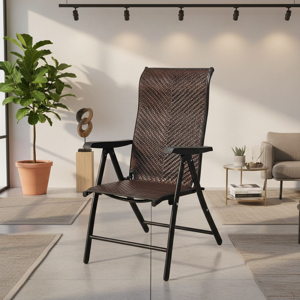 Dark brown rattan outdoor recliner featuring 5 adjustable backrest positions and a sturdy rust-proof steel frame.