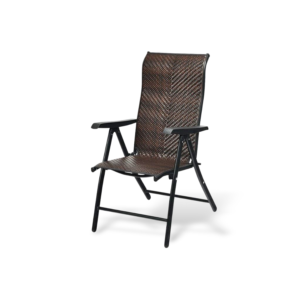 Dark brown rattan outdoor recliner featuring 5 adjustable backrest positions and a sturdy rust-proof steel frame.