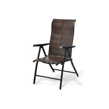 Heavy-duty dark brown rattan folding patio chair with 5-position reclining backrest and weather-resistant powder-coated steel frame.