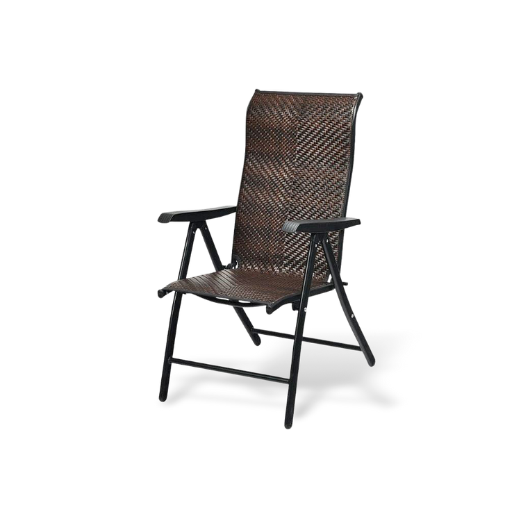Dark brown rattan outdoor recliner featuring 5 adjustable backrest positions and a sturdy rust-proof steel frame.