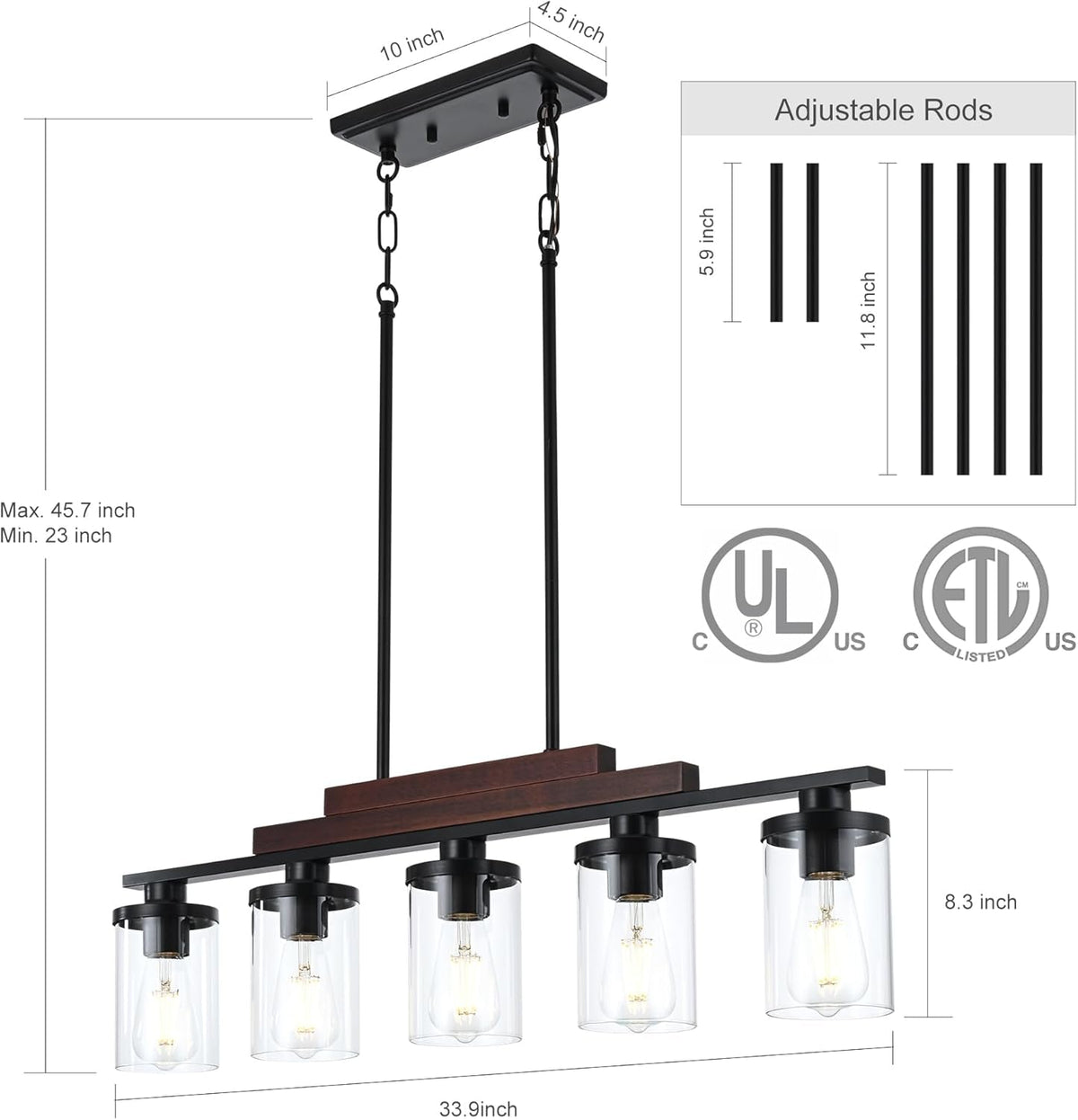 Five Light Farmhouse Linear Chandelier With Rustic Wood
