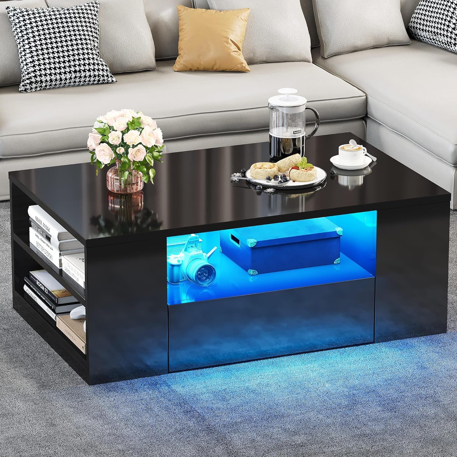 Modern Center Table with Storage and LED Light