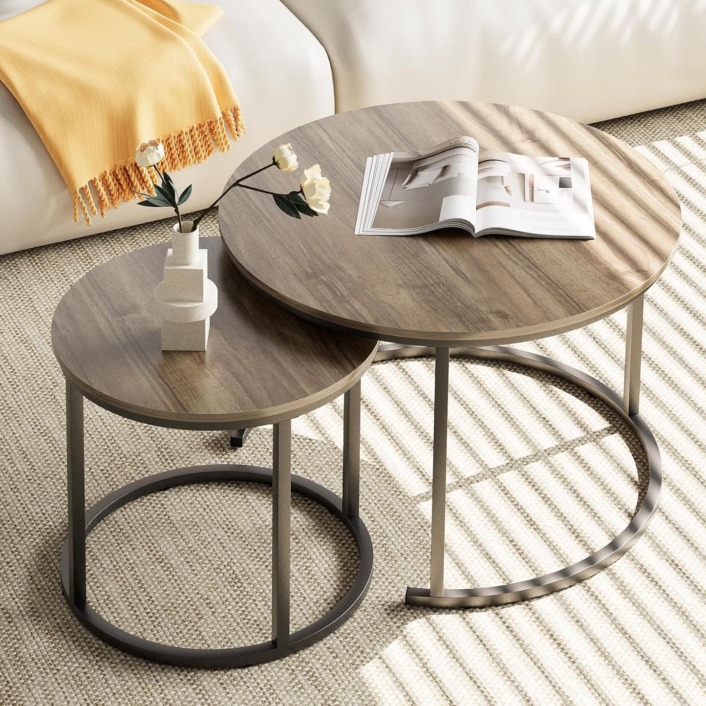 Coffee Table Nesting Side round Set of 2 End Table Top Sturdy Metal Frame Desk Centerpiece Living Room Bedroom Apartment Modern Industrial Simple Nightstand