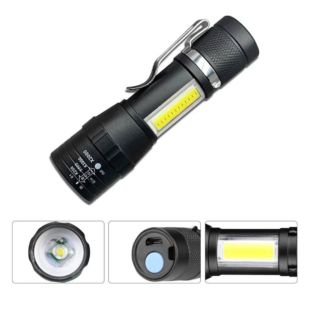 Zoomable COB Flashlight, USB Rechargeable, 3 Modes